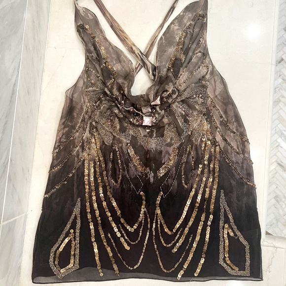 ALLSAINTS Elena SILK Metallic BEADED SEQUIN chocolate Cowl Tank Top Sz US4/UK8 - Picture 1 of 7